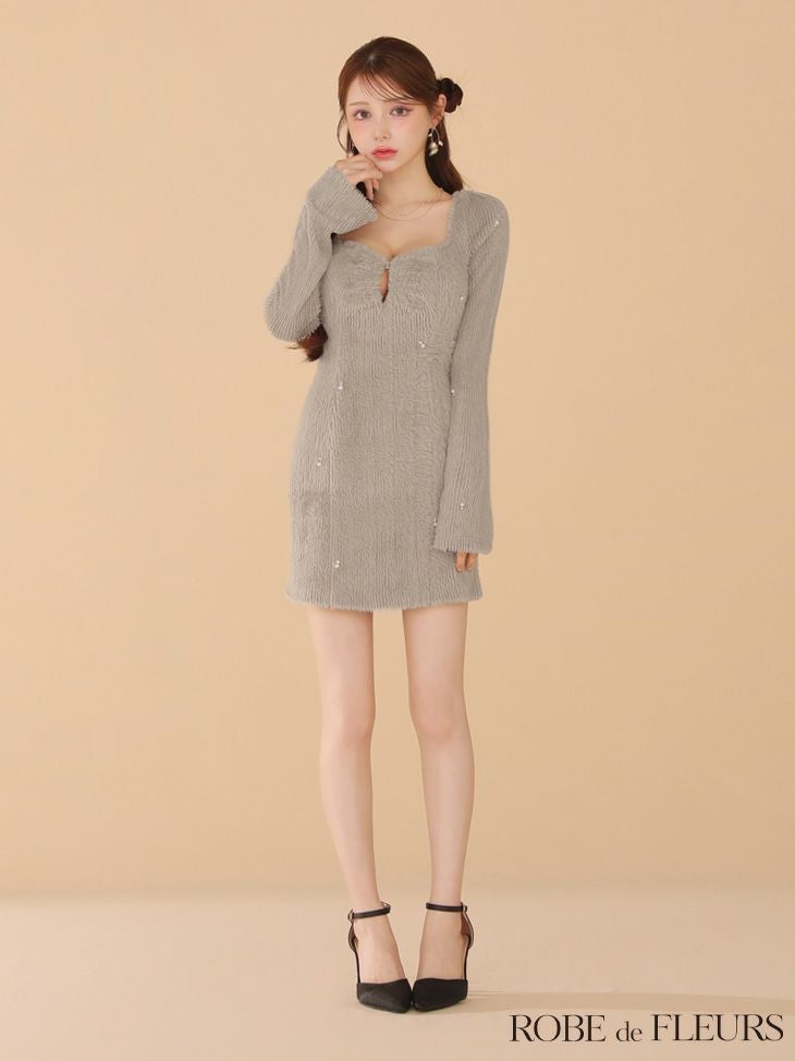 ROBE de FLEURS ローブドフルール フェザーニットパール付きタイトミニキャバドレス fm3475