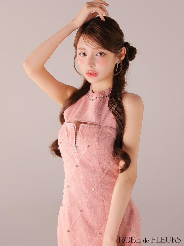 ROBE de FLEURS ローブドフルール 【XSサイズあり】ラメ入りツイードデコルテカッティングタイトミニキャバドレス fm4162