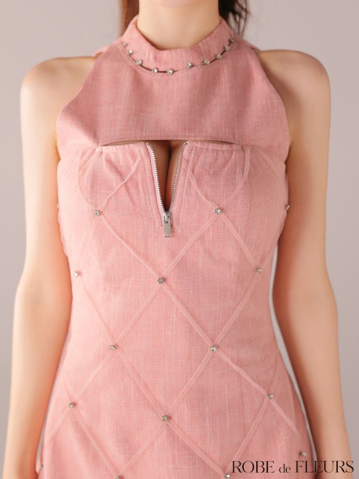 ROBE de FLEURS ローブドフルール 【XSサイズあり】ラメ入りツイードデコルテカッティングタイトミニキャバドレス fm4162