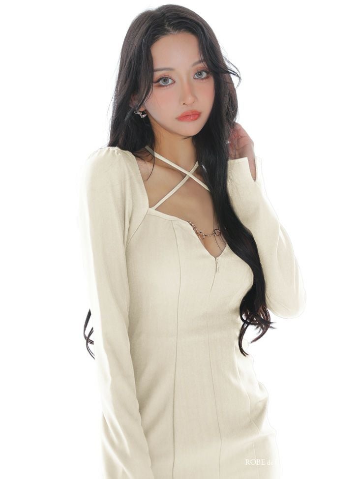 Glossy ローブドフルールグロッシー 【S～Lサイズあり】ホルターバストカットロングスリーブタイトミニキャバドレス gl3953-c