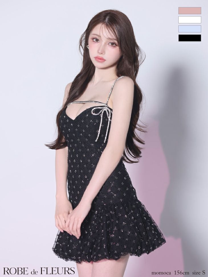 ROBE de FLEURS ローブドフルール 【XSサイズあり】バストリボンストーン付きセットアップミニキャバドレス fm3470-c