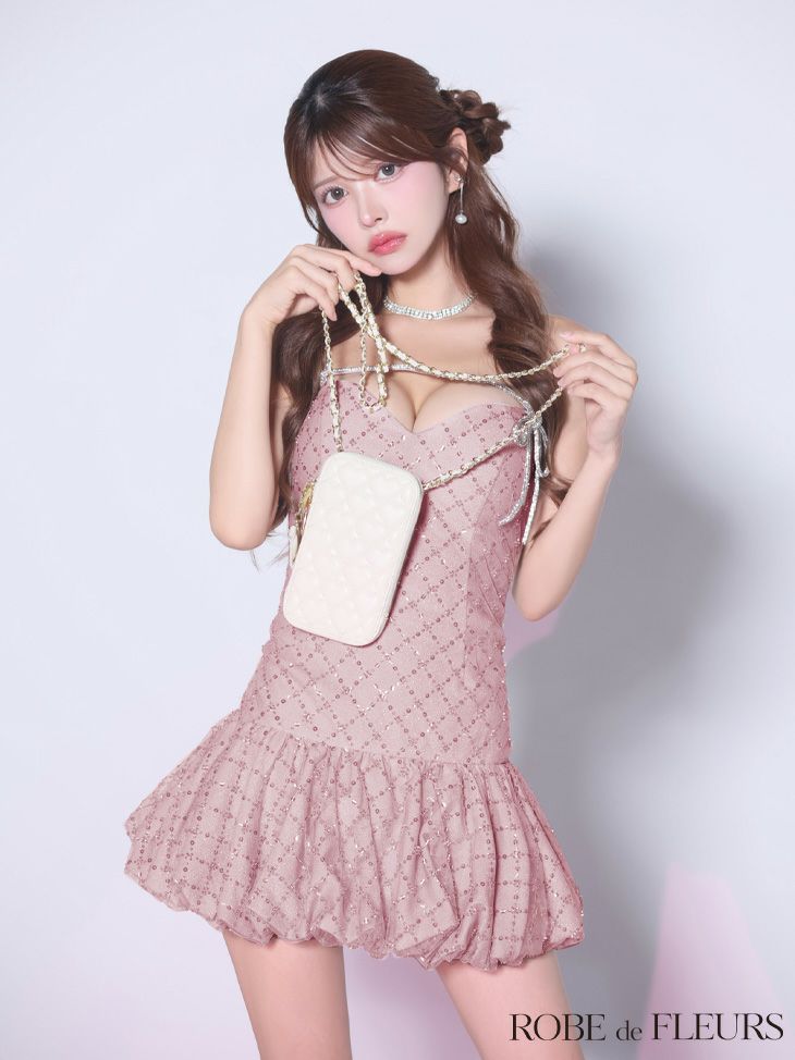 ROBE de FLEURS ローブドフルール 【XSサイズあり】バストリボンストーン付きセットアップミニキャバドレス fm3470-c