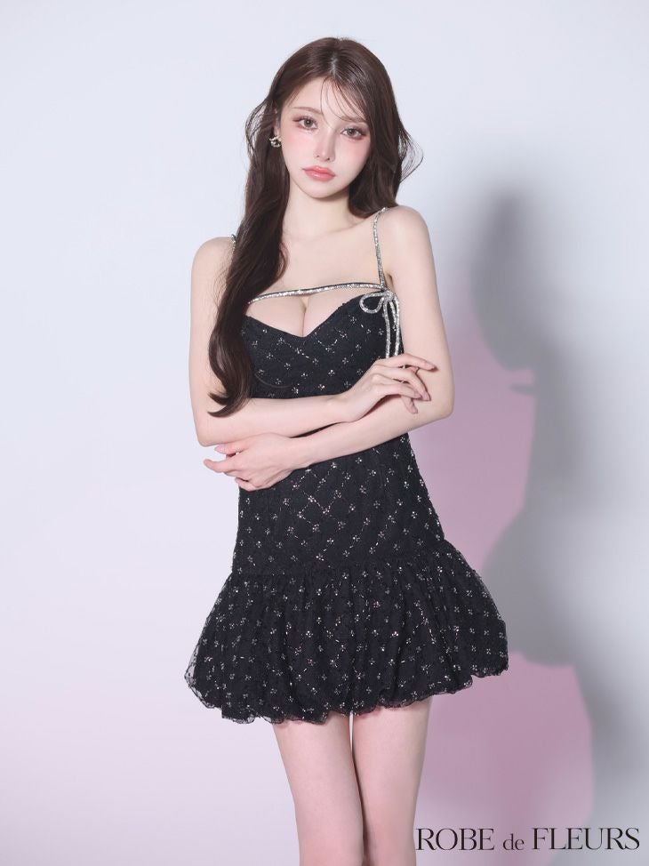 ROBE de FLEURS ローブドフルール 【XSサイズあり】バストリボンストーン付きセットアップミニキャバドレス fm3470-c