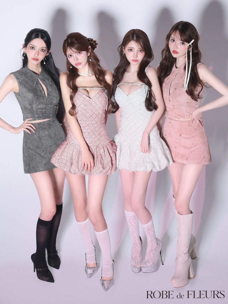 ROBE de FLEURS ローブドフルール 【XSサイズあり】バストリボンストーン付きセットアップミニキャバドレス fm3470-c