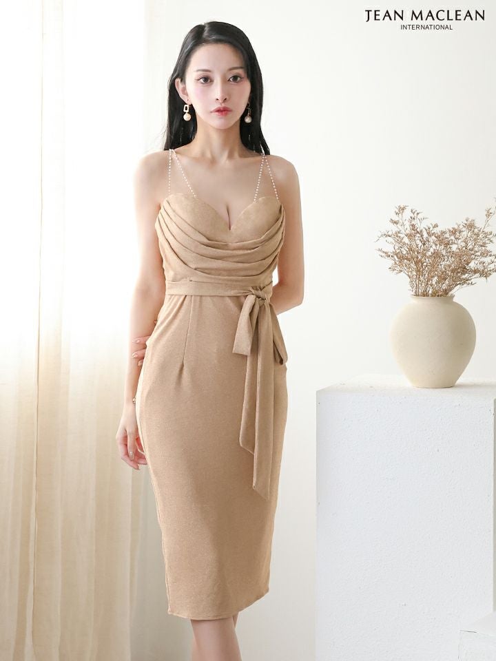 JEAN MACLEAN ジャンマクレーン ラメニット/ドレープ/リボンベルト/シアーショルダー/タイト ミディアムドレス ja55095-c