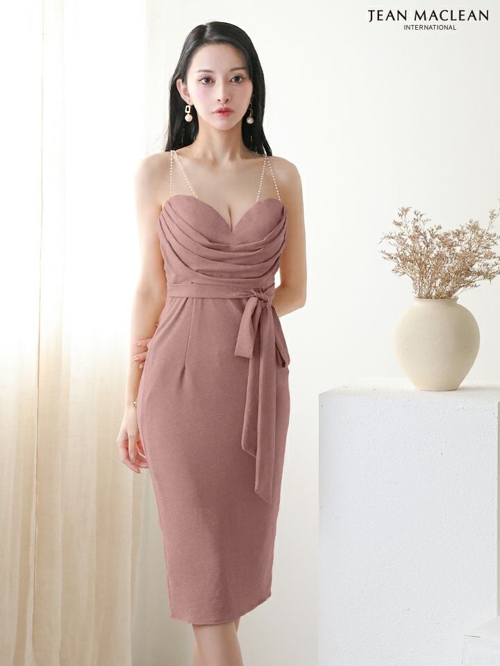 JEAN MACLEAN ジャンマクレーン ラメニット/ドレープ/リボンベルト/シアーショルダー/タイト ミディアムドレス ja55095-c