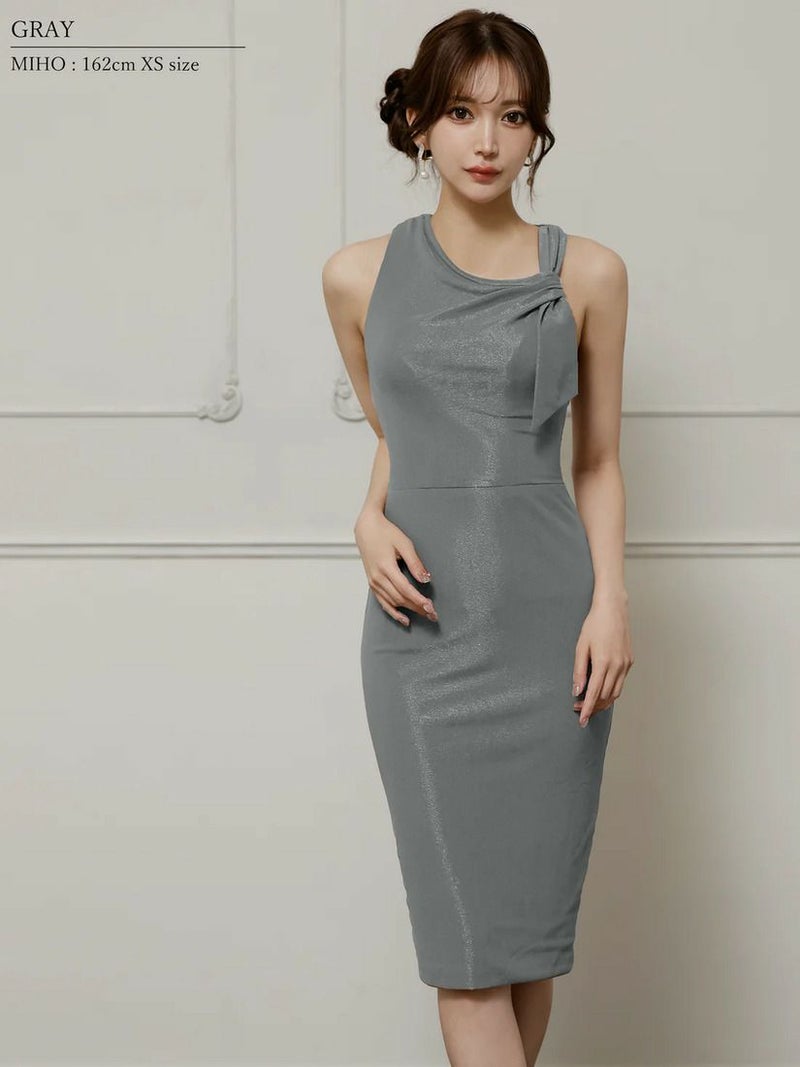 Veautt ヴュート アシンメトリーリボンデザインラメタイトミディアムドレス vt032509