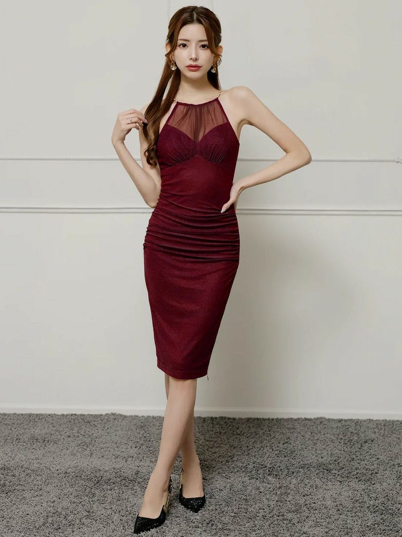 Veautt ヴュート ホルターネックフロントシアーデザインビジューチェーンタイトミディアムドレス vt082526-ks