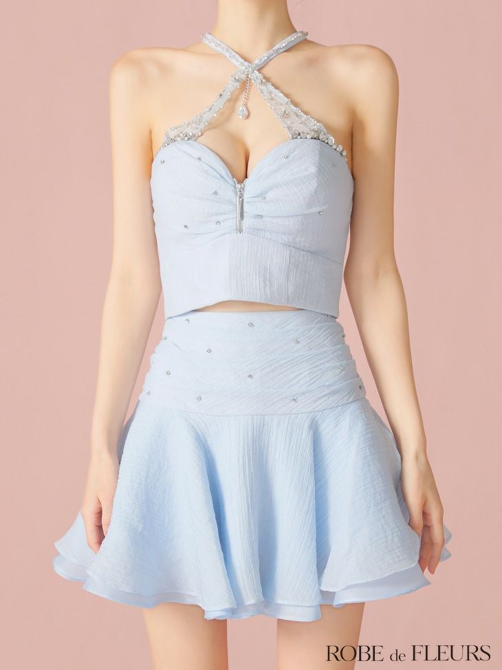 ROBE de FLEURS ローブドフルール 【XSサイズあり】ビジューホルターシフォンフレアミニキャバドレス fm4103