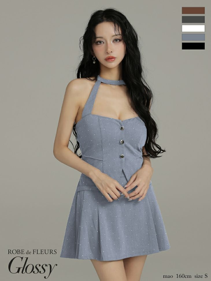 Glossy ローブドフルールグロッシー 【XSサイズあり】ストーン付きホルターシルバーボタンセットアップフレアミニキャバドレス gl4117