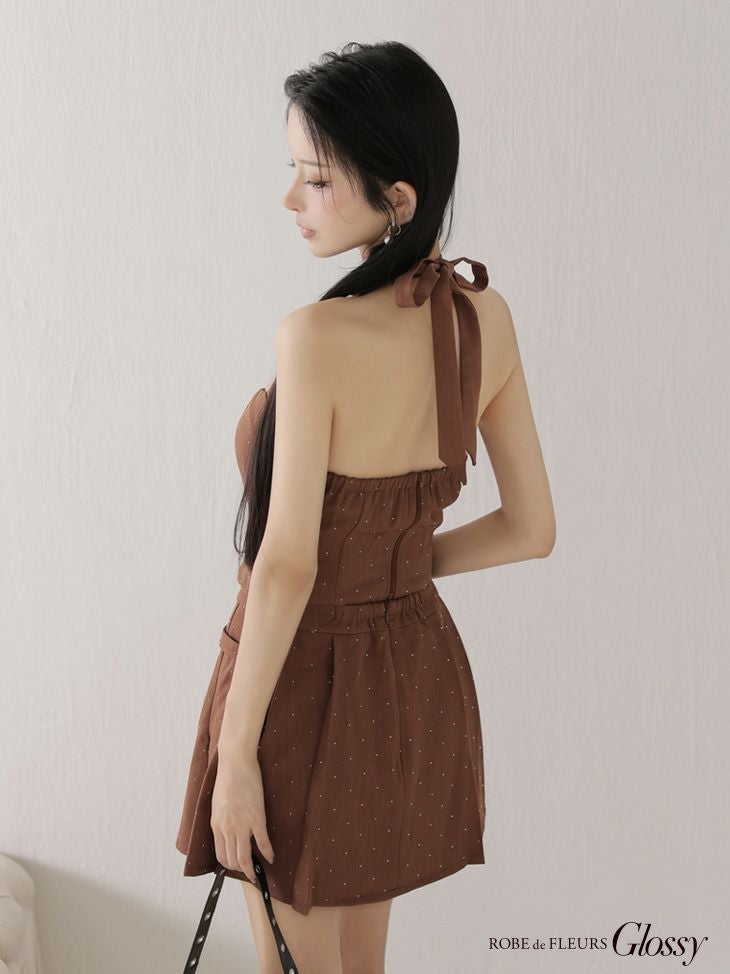 Glossy ローブドフルールグロッシー 【XSサイズあり】ストーン付きホルターシルバーボタンセットアップフレアミニキャバドレス gl4117