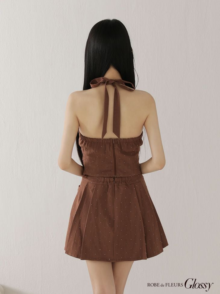 Glossy ローブドフルールグロッシー 【XSサイズあり】ストーン付きホルターシルバーボタンセットアップフレアミニキャバドレス gl4117