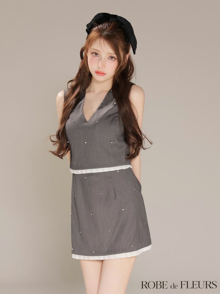ROBE de FLEURS ローブドフルール 【XSサイズあり】バストリボンストーン付きセットアップミニキャバドレス fm4325