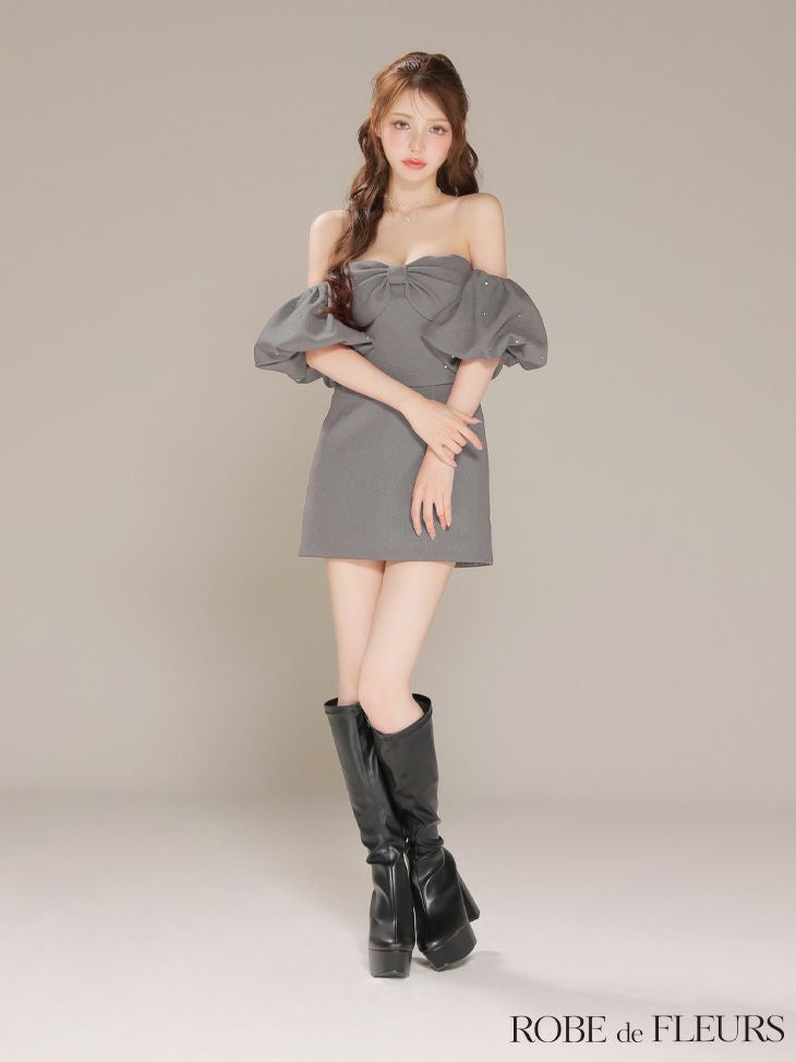 ROBE de FLEURS ローブドフルール 【XSサイズあり】オフショルダービックリボンセットアップタイトミニキャバドレス fm4700-c