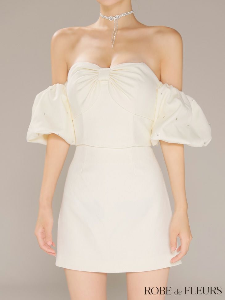 ROBE de FLEURS ローブドフルール 【XSサイズあり】オフショルダービックリボンセットアップタイトミニキャバドレス fm4700