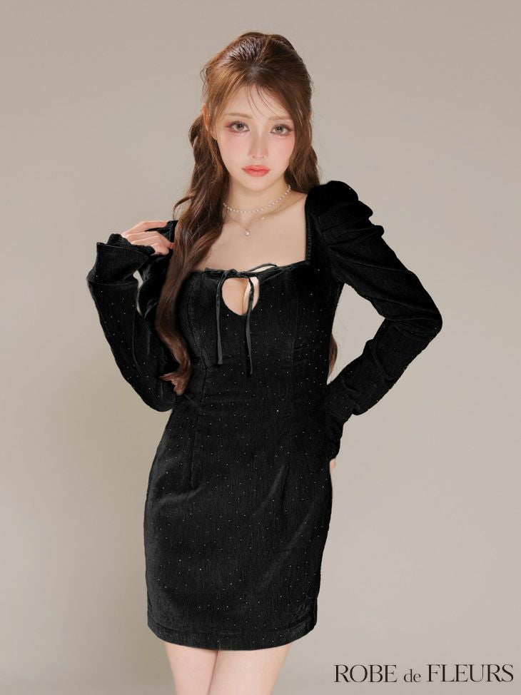 ROBE de FLEURS ローブドフルール 【XSサイズあり】ストーン付きベロアバックオープンタイトミニキャバドレス fm4124-c