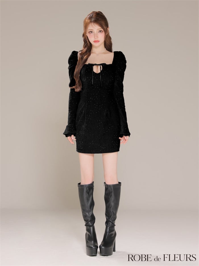 ROBE de FLEURS ローブドフルール 【XSサイズあり】ストーン付きベロアバックオープンタイトミニキャバドレス fm4124-c