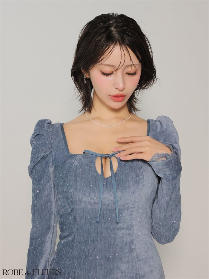 ROBE de FLEURS ローブドフルール 【XSサイズあり】ストーン付きベロアバックオープンタイトミニキャバドレス fm4124-c