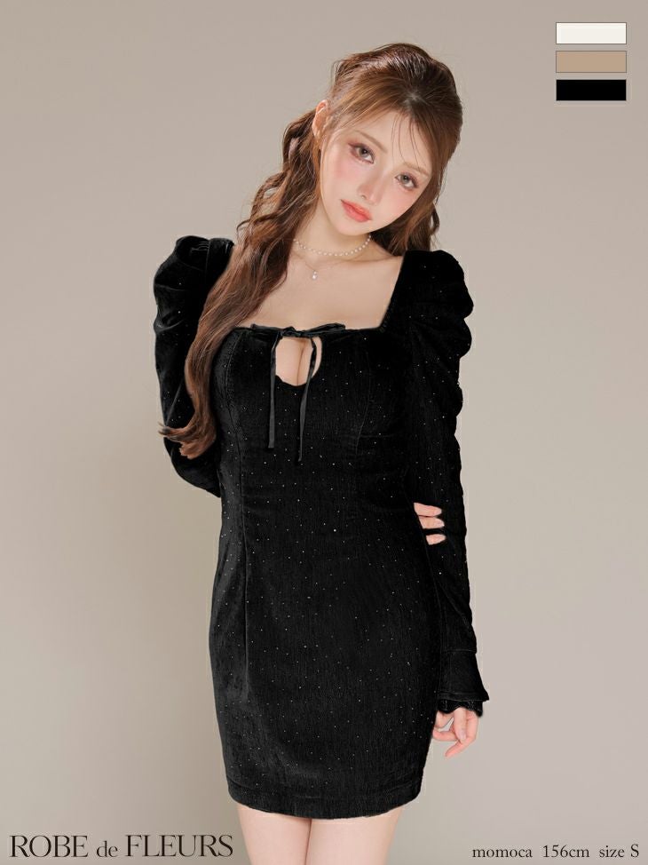 ROBE de FLEURS ローブドフルール 【XSサイズあり】ストーン付きベロアバックオープンタイトミニキャバドレス