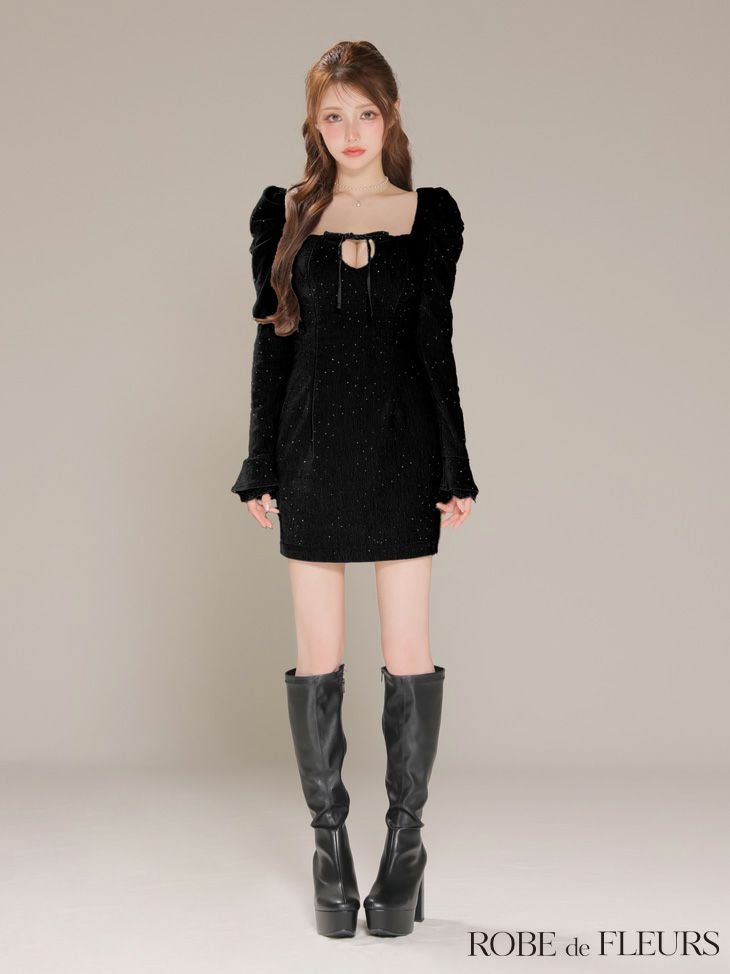 ROBE de FLEURS ローブドフルール 【XSサイズあり】ストーン付きベロアバックオープンタイトミニキャバドレス