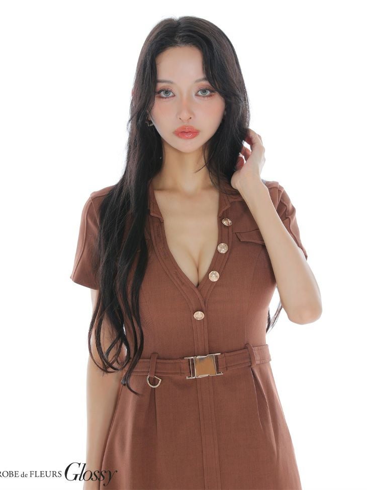 Glossy ローブドフルールグロッシー 【XSサイズあり】Vネックバストカットベルト付きタイトミニキャバドレス gl3960