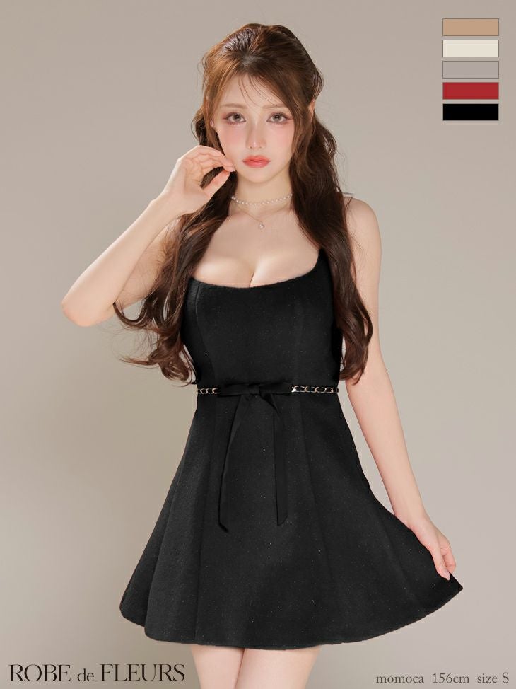 ROBE de FLEURS ローブドフルール【XSサイズあり】ウエストリボンラメ入りメルトンフレアミニキャバドレス fm3474-c