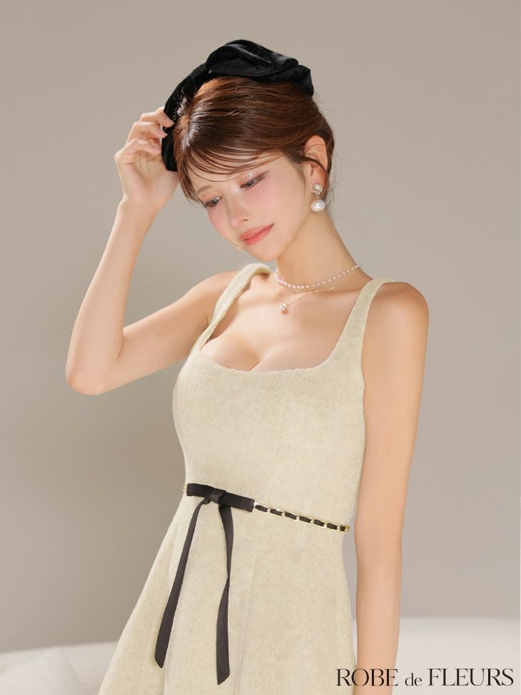 ROBE de FLEURS ローブドフルール【XSサイズあり】ウエストリボンラメ入りメルトンフレアミニキャバドレス fm3474-c