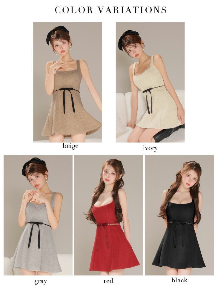 ROBE de FLEURS ローブドフルール【XSサイズあり】ウエストリボンラメ入りメルトンフレアミニキャバドレス fm3474-c