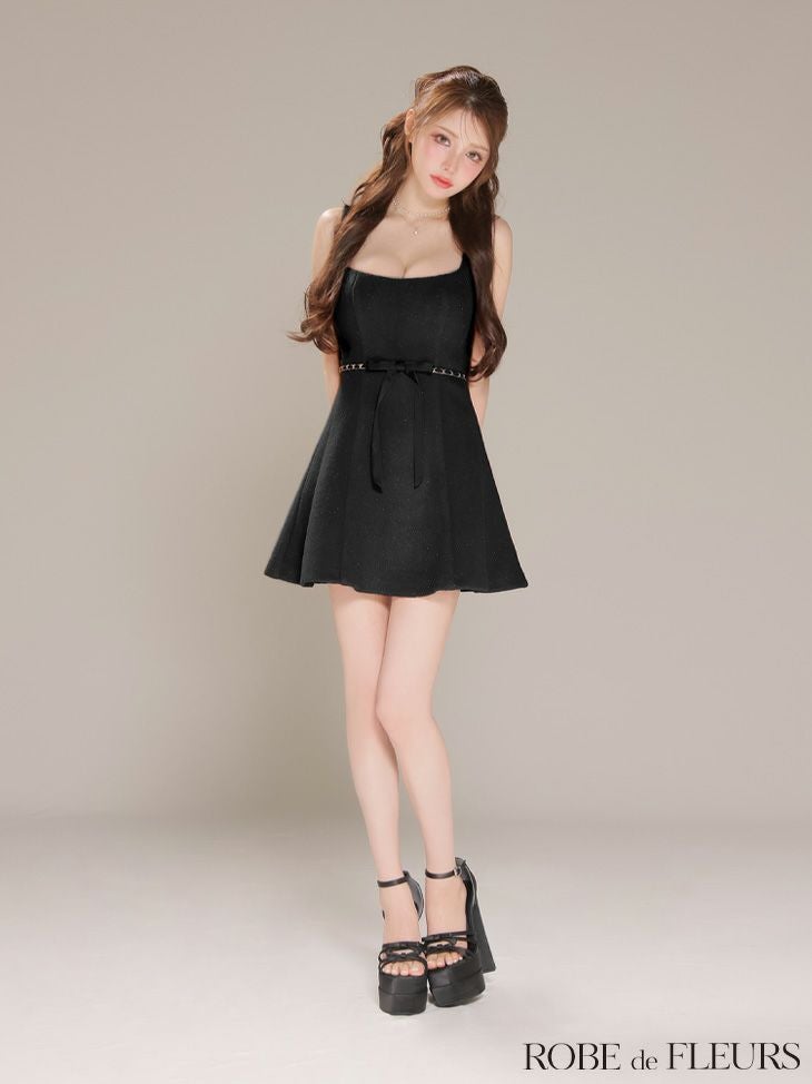 ROBE de FLEURS ローブドフルール【XSサイズあり】ウエストリボンラメ入りメルトンフレアミニキャバドレス fm3474