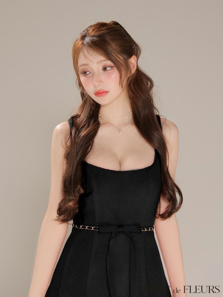 ROBE de FLEURS ローブドフルール【XSサイズあり】ウエストリボンラメ入りメルトンフレアミニキャバドレス fm3474