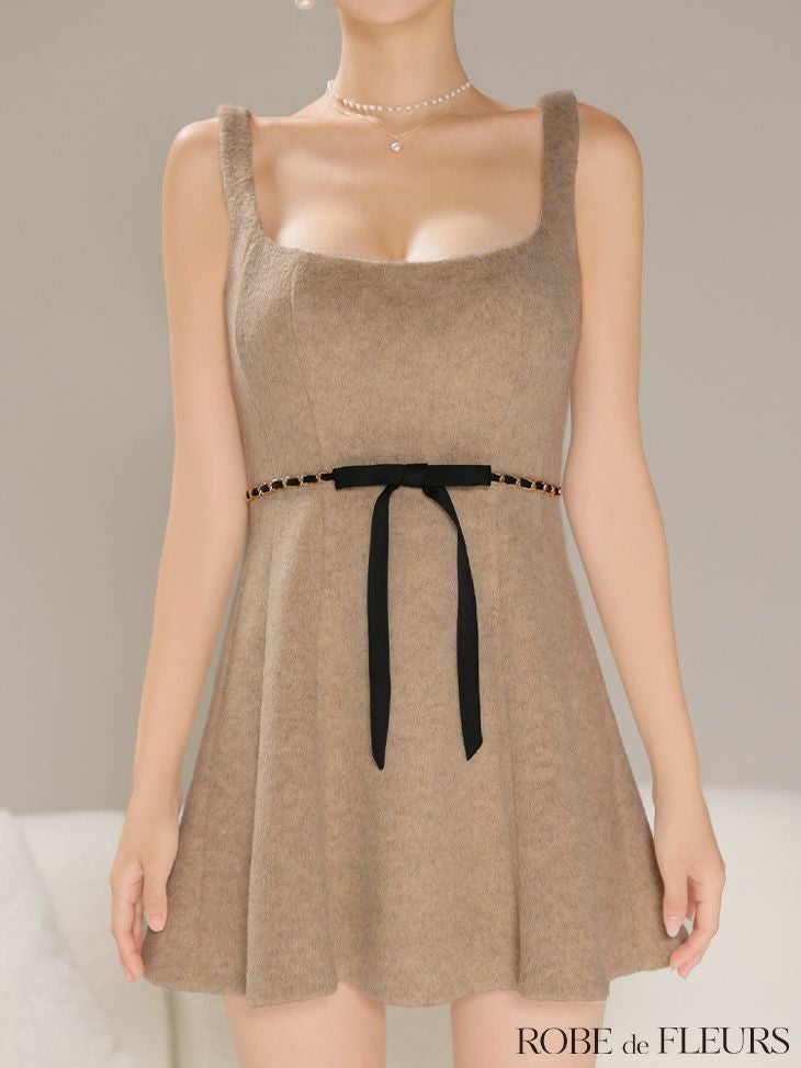ROBE de FLEURS ローブドフルール【XSサイズあり】ウエストリボンラメ入りメルトンフレアミニキャバドレス fm3474
