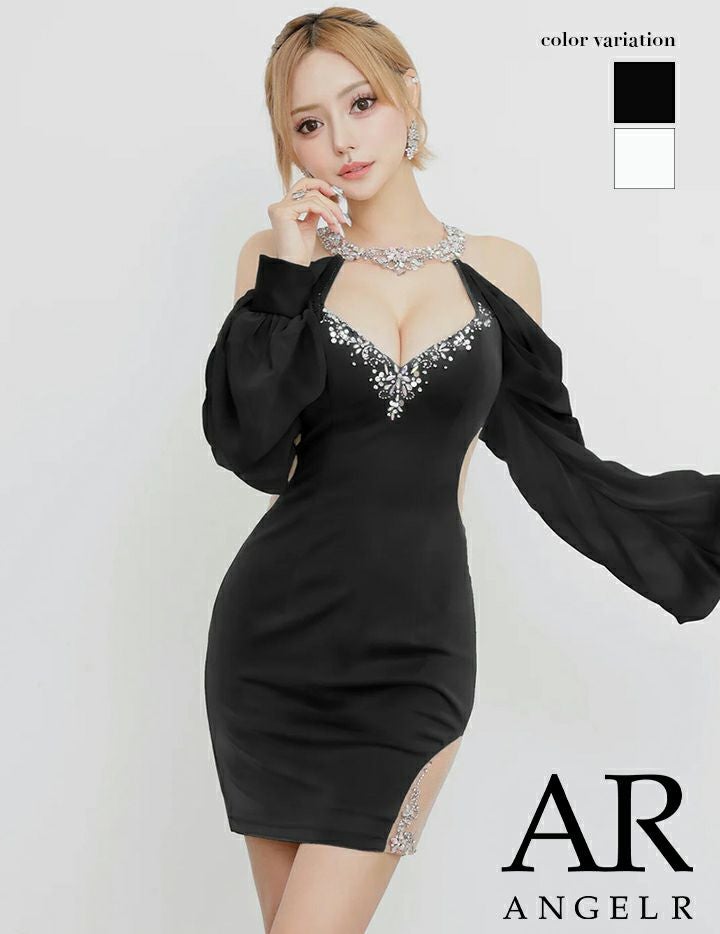 AngelR エンジェルアール ホルターネックロングスリーブシフォンビジューショルダーカットメッシュタイトミニドレス ar25862