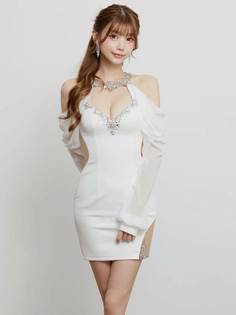 AngelR エンジェルアール ホルターネックロングスリーブシフォンビジューショルダーカットメッシュタイトミニドレス ar25862