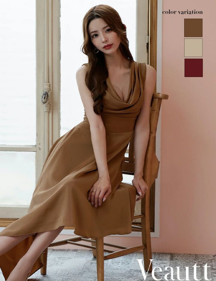 Veautt ヴュート バストドレープアシンメトリーデザインフレアミモレ丈