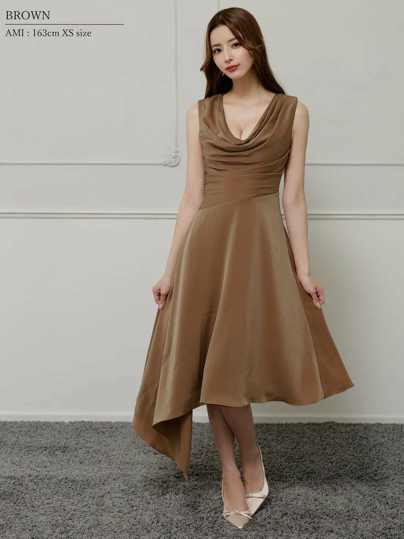 Veautt ヴュート バストドレープアシンメトリーデザインフレアミモレ丈ミディアムドレス vt022526