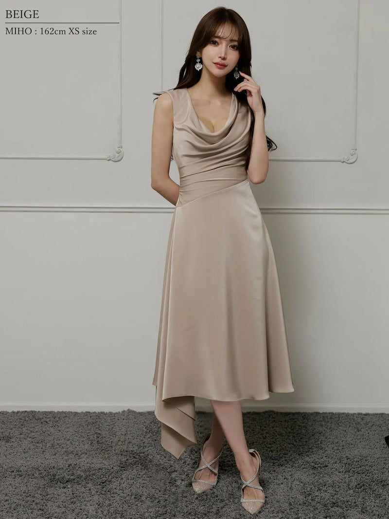 Veautt ヴュート バストドレープアシンメトリーデザインフレアミモレ丈ミディアムドレス vt022526