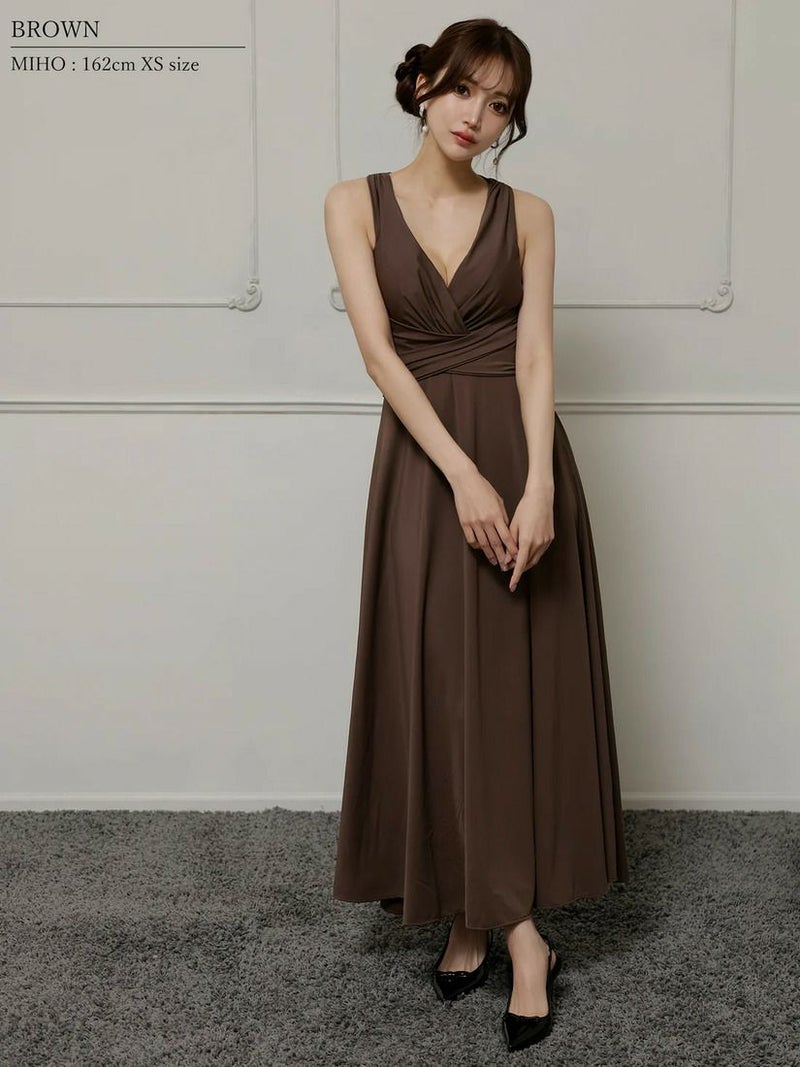 Veautt ヴュート Vカットウエストクロスバックオープンリボンフレアロングドレス vt022525