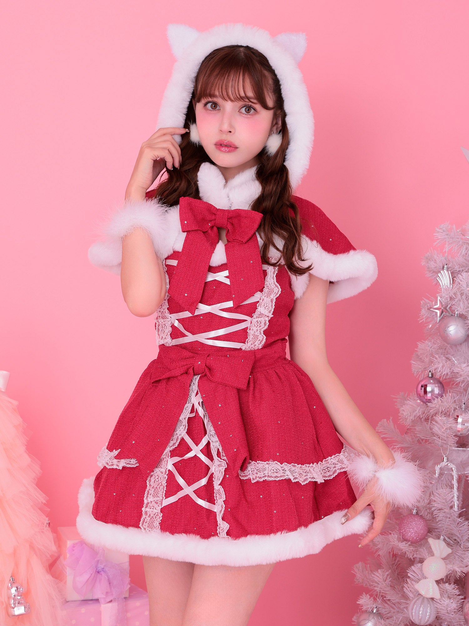 【2点セット】Sweet Cat Santa Hood One Piece スイートキャットサンタ フード＆ワンピース サンタ レッド vcsst-23999