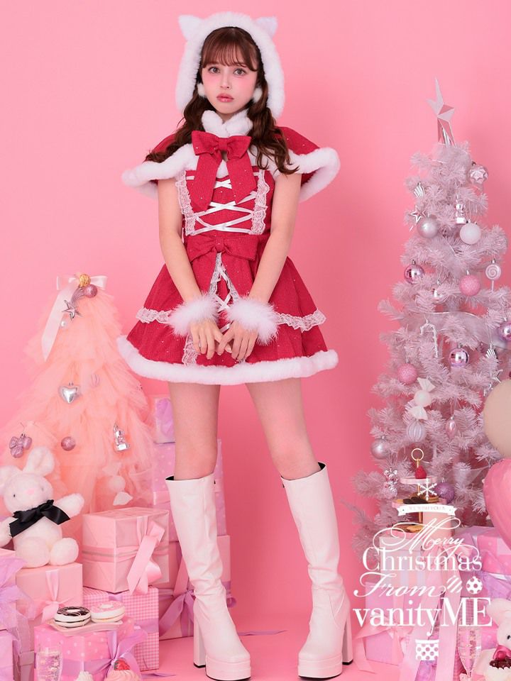 【2点セット】Sweet Cat Santa Hood One Piece スイートキャットサンタ フード＆ワンピース サンタ レッド vcsst-23999