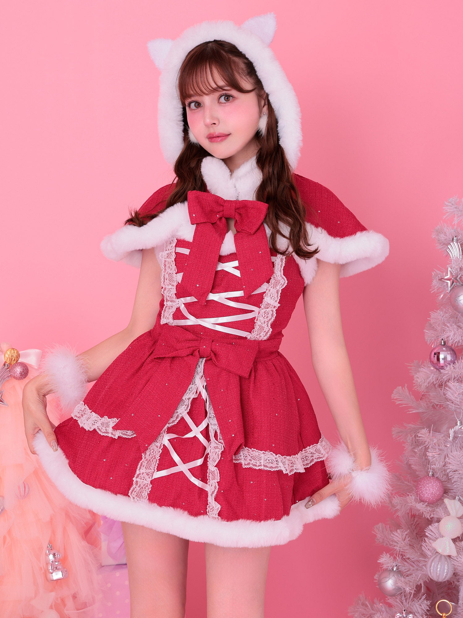 【2点セット】Sweet Cat Santa Hood One Piece スイートキャットサンタ フード＆ワンピース サンタ レッド vcsst-23999