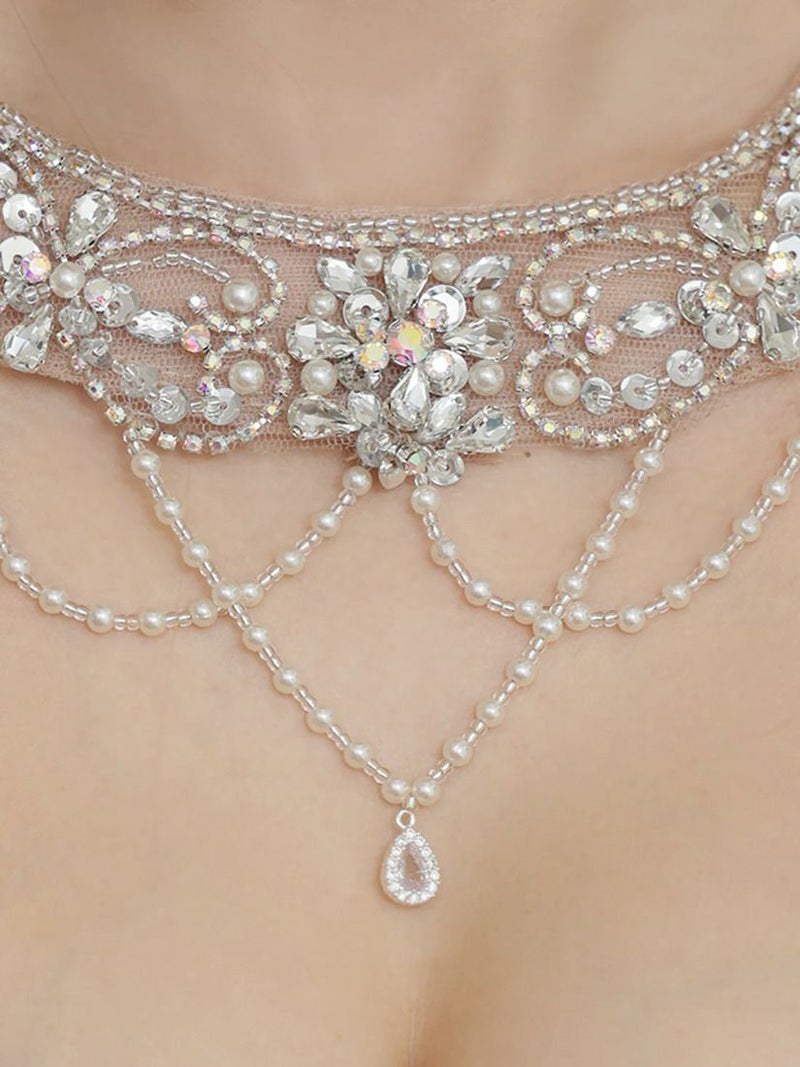 AngelR エンジェルアール ホルターネックパールチェーンVカットメッシュビジューラメタイトミニドレス ar25248