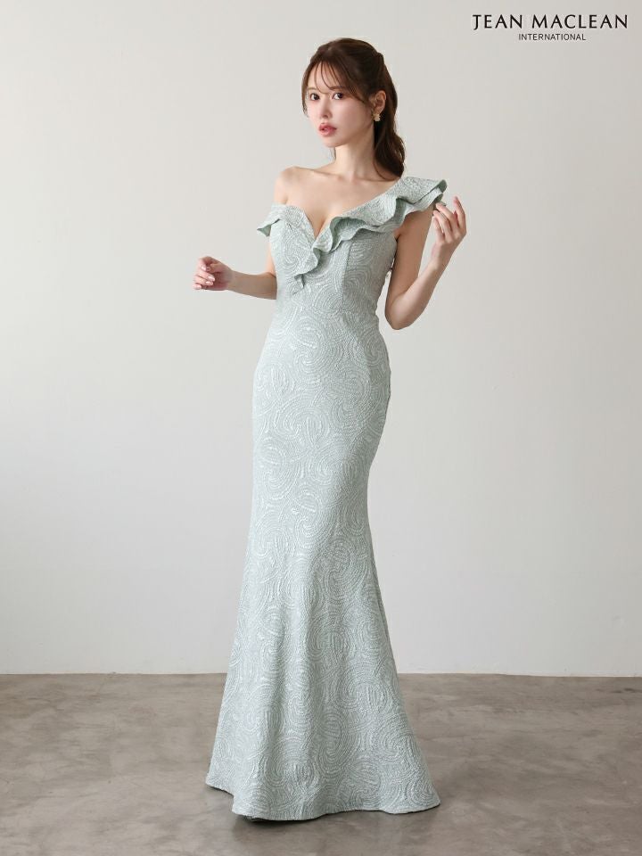 JEAN MACLEAN ジャンマクレーン ジャガード/ワンオフショル/アシンメトリーフリル/マーメイドライン/タイト ロングドレス ja51948-c
