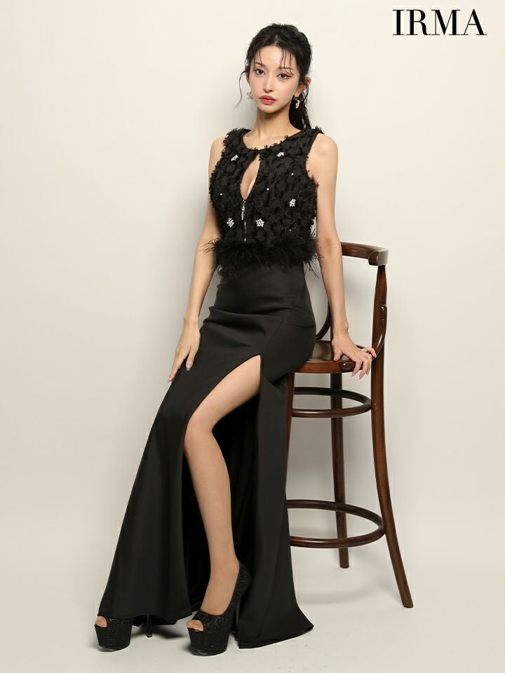 IRMA イルマ フリンジ/クリスタルビジュー/ウエストファー/フロントジップ/スリット入り/セットアップ/タイト ロングドレス ir51946-c