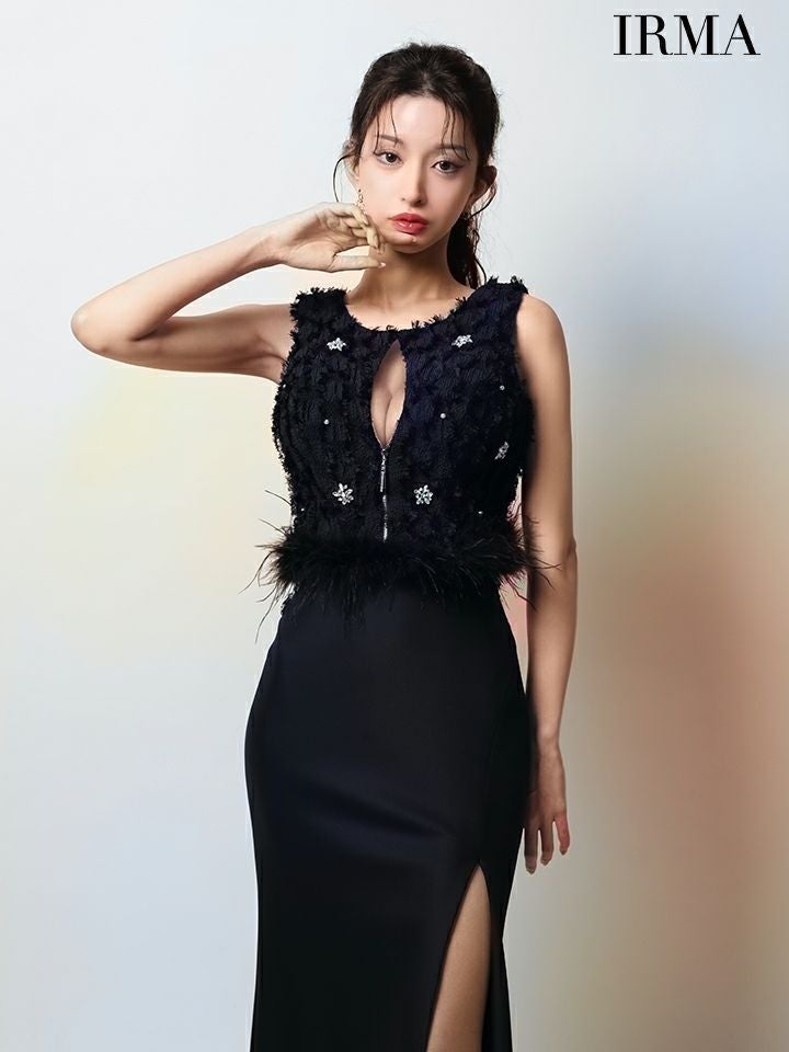 IRMA イルマ フリンジ/クリスタルビジュー/ウエストファー/フロントジップ/スリット入り/セットアップ/タイト ロングドレス ir51946-c