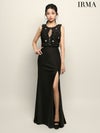 IRMA イルマ フリンジ/クリスタルビジュー/ウエストファー/フロントジップ/スリット入り/セットアップ/タイト ロングドレス ir51946-c