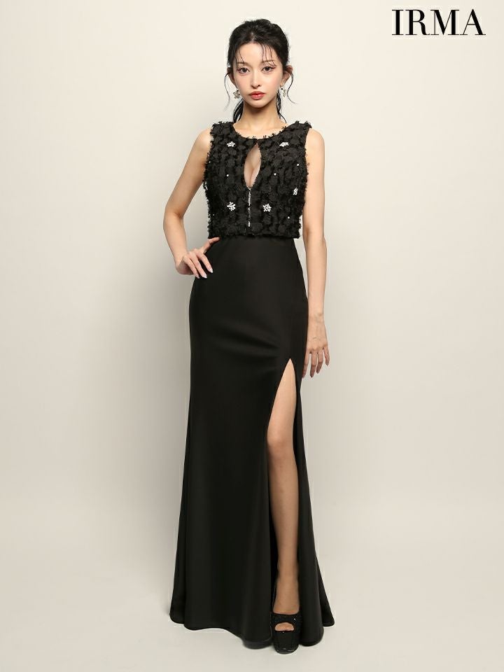 IRMA イルマ フリンジ/クリスタルビジュー/ウエストファー/フロントジップ/スリット入り/セットアップ/タイト ロングドレス ir51946-c
