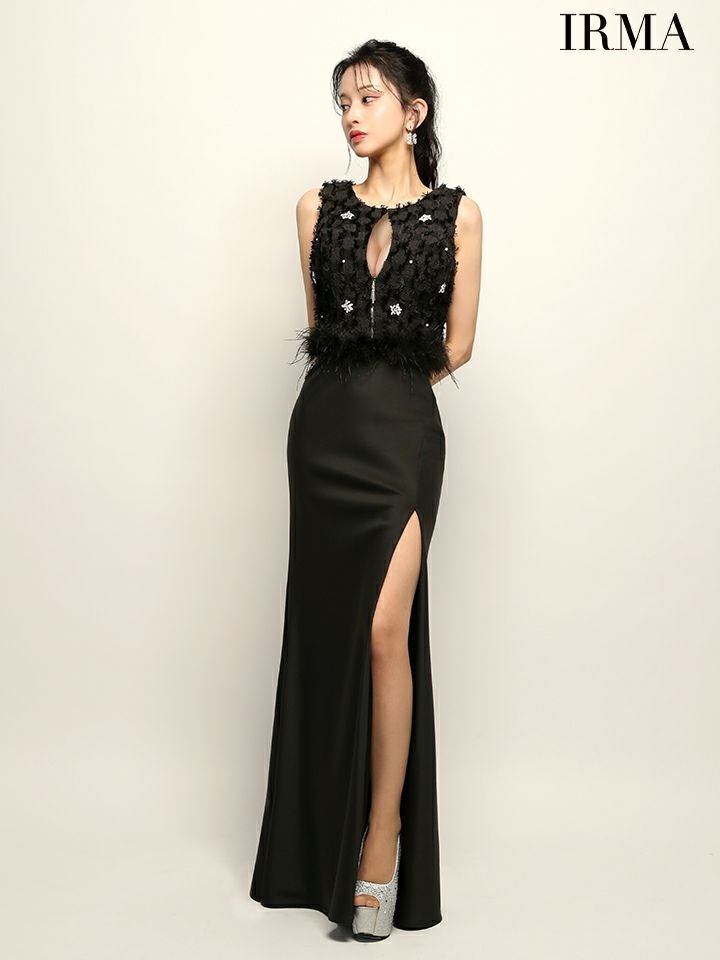 IRMA イルマ フリンジ/クリスタルビジュー/ウエストファー/フロントジップ/スリット入り/セットアップ/タイト ロングドレス ir51946-c