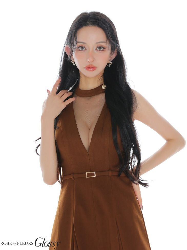 Glossy ローブドフルールグロッシー 【XSサイズあり】チュールメルトンホルターベルトミニキャバドレス gl3957