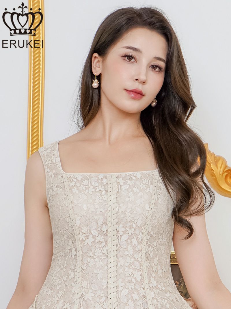 ERUKEI エルケイ ベージュ・総レース・金糸・レザー・レースアップ