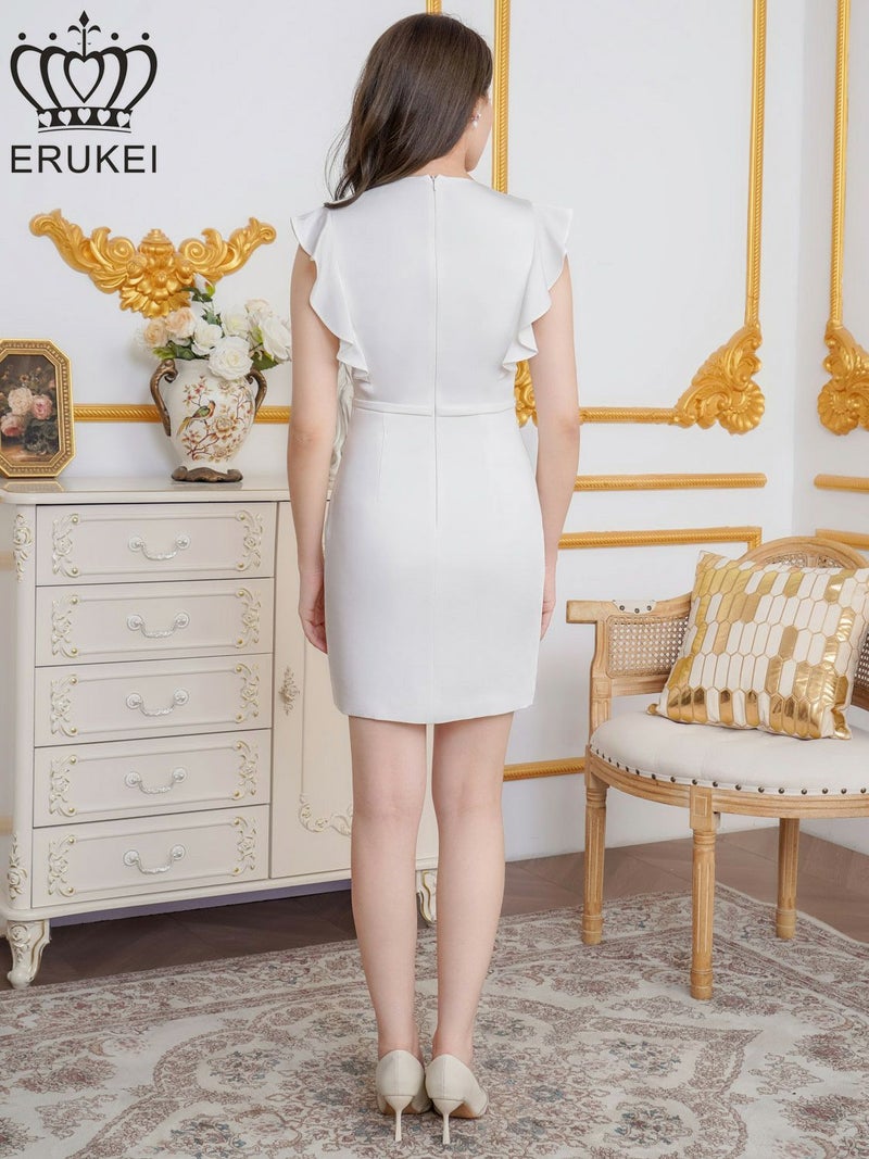 ERUKEI エルケイ ワンカラー・サテン・シンプル・Vネック・フリルスリーブ・ビジュー・ウエストマーク・タイト・ミニドレス・ワンピース ek-e25172